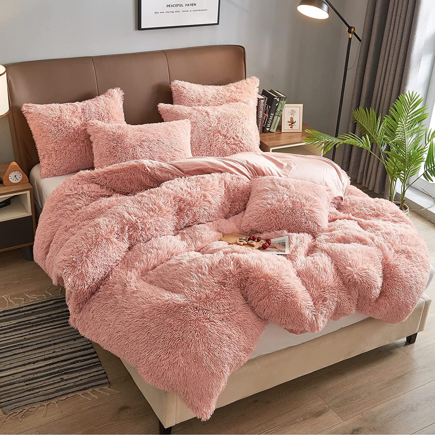Luxury Fluffy Fuzzy King Bedding Comforter Set,4 Pieces Shaggy Duvet Cover Set,Furry Plush Velvet Comforter Cover with Zip Closure,King,Dark Grey