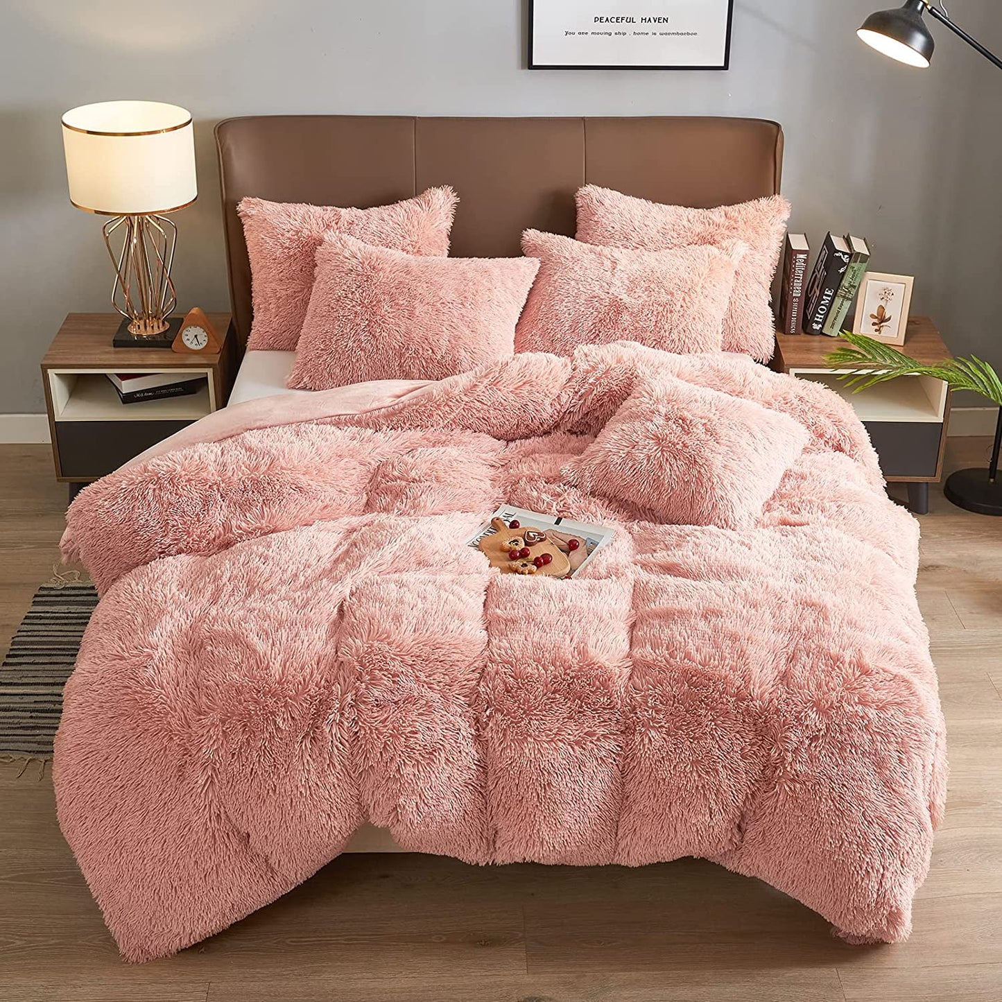 Luxury Fluffy Fuzzy King Bedding Comforter Set,4 Pieces Shaggy Duvet Cover Set,Furry Plush Velvet Comforter Cover with Zip Closure,King,Dark Grey