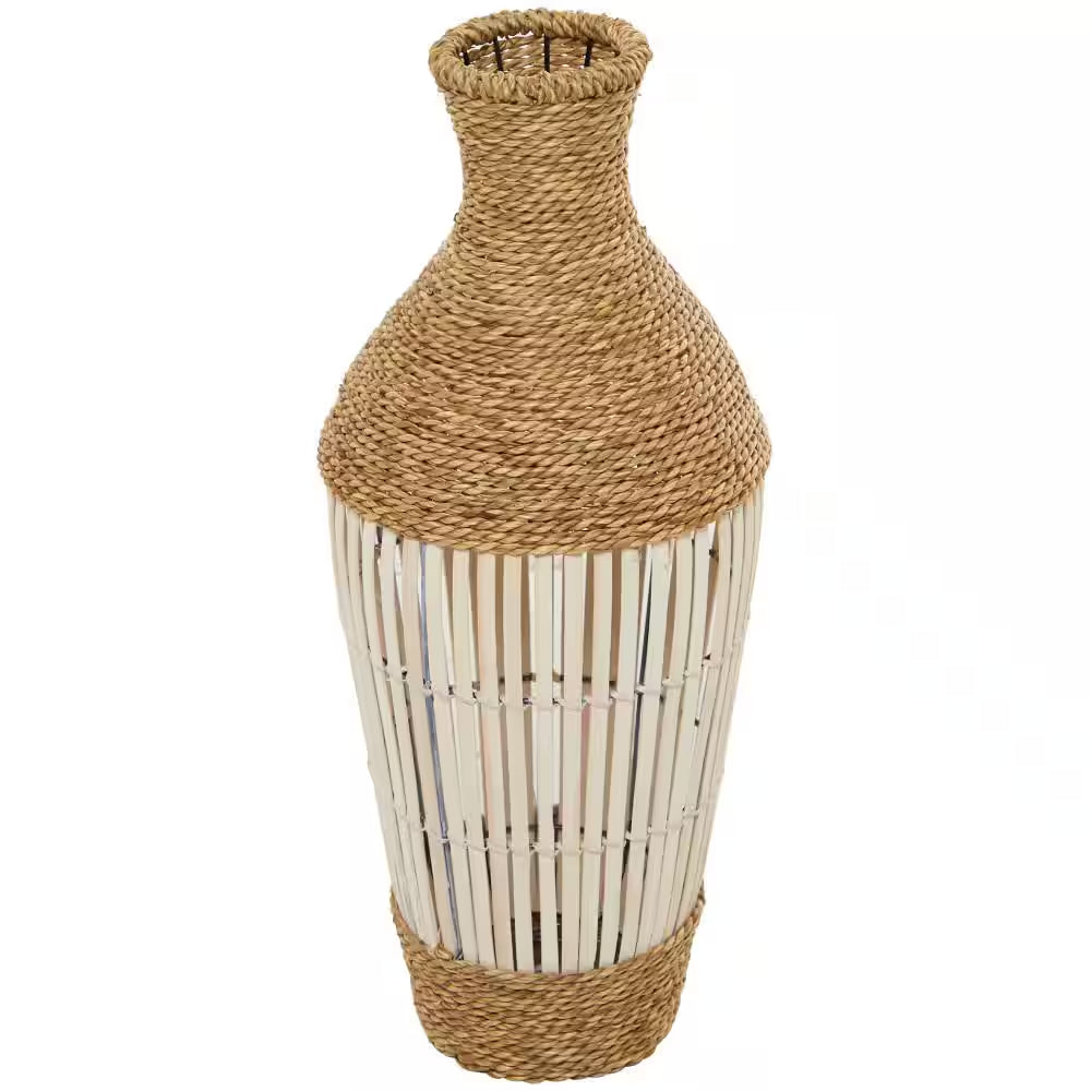 25 In. Brown Handmade Wrapped Tall Floor Seagrass Decorative Vase with Open Framed Cream Bamboo Center