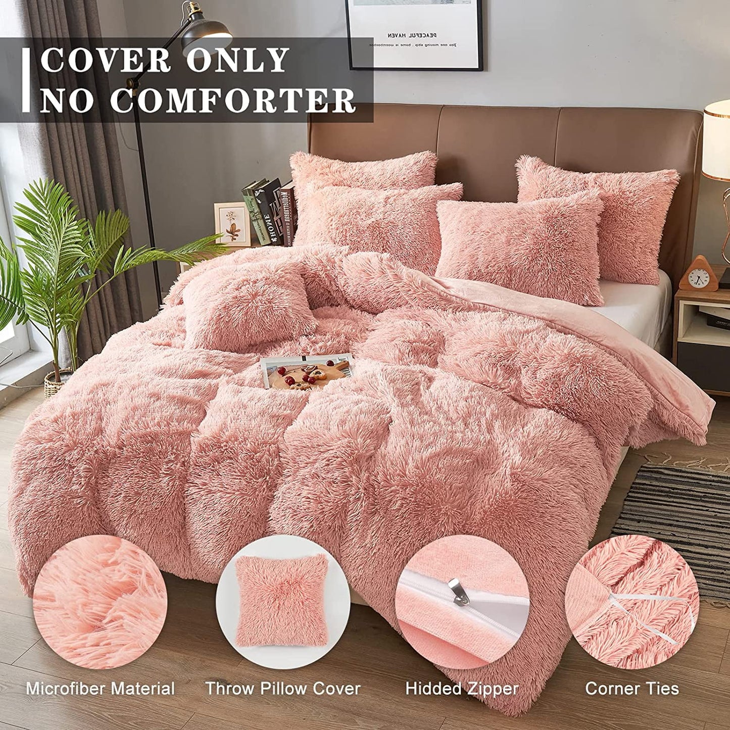Luxury Fluffy Fuzzy King Bedding Comforter Set,4 Pieces Shaggy Duvet Cover Set,Furry Plush Velvet Comforter Cover with Zip Closure,King,Dark Grey
