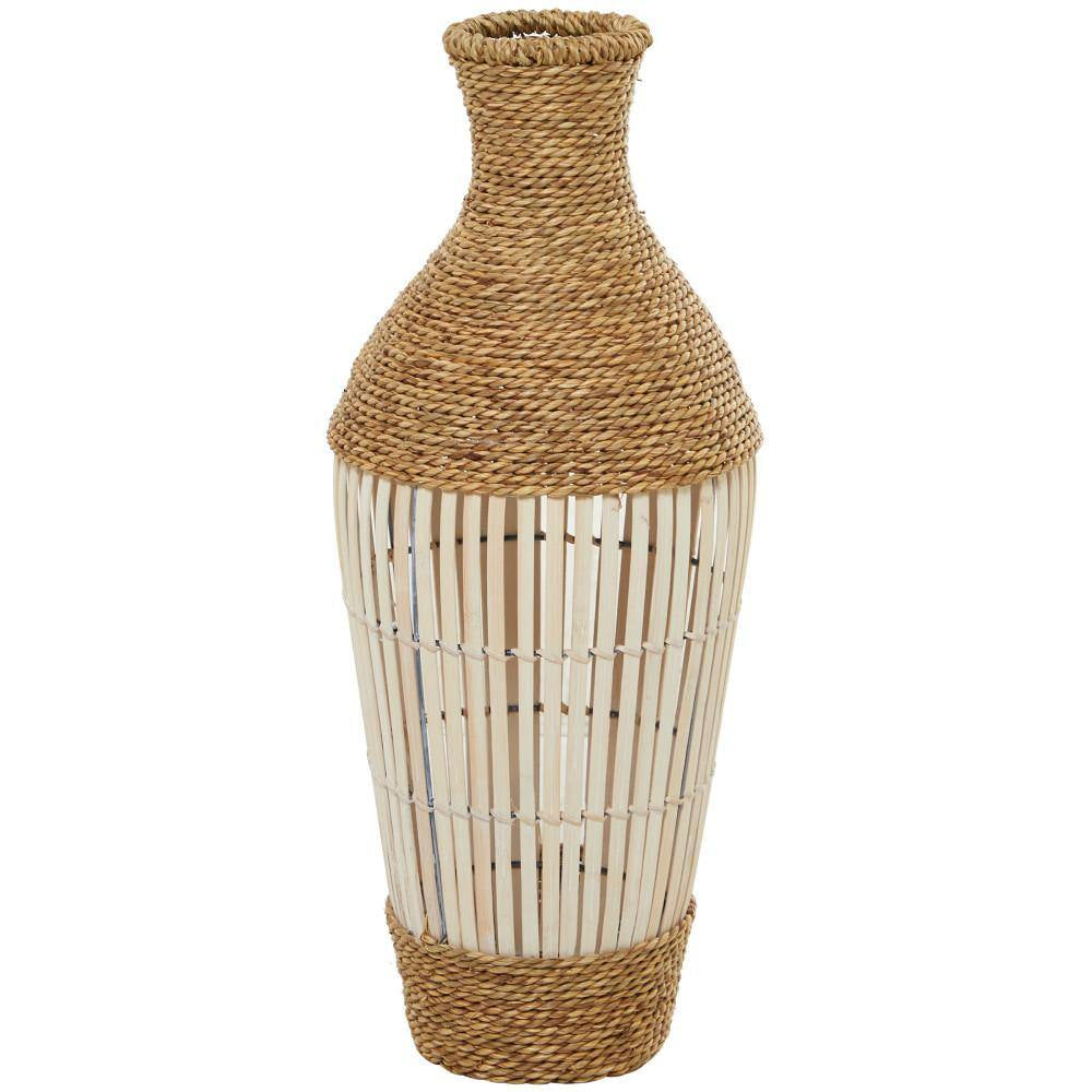 25 In. Brown Handmade Wrapped Tall Floor Seagrass Decorative Vase with Open Framed Cream Bamboo Center