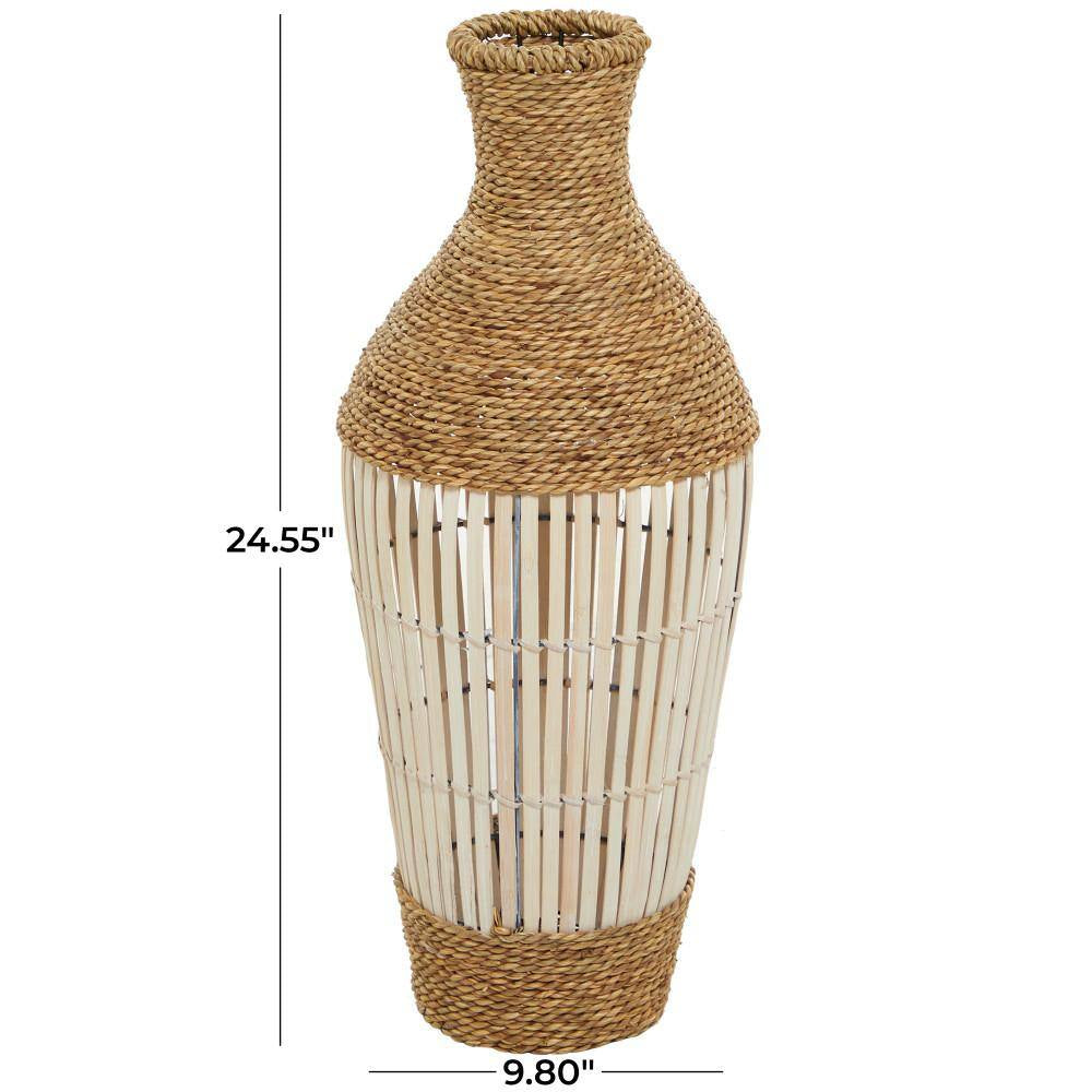 25 In. Brown Handmade Wrapped Tall Floor Seagrass Decorative Vase with Open Framed Cream Bamboo Center