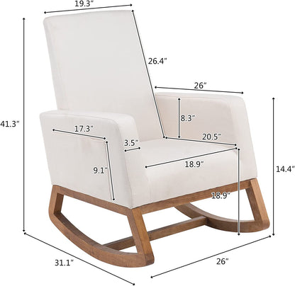 Mid Century Nursery Rocker Cream Rocking Chair for Bedroom, Nursery Chair Upholstered Nursery Rocking Chairs with Solid Wood Base/Storage Side Pocket