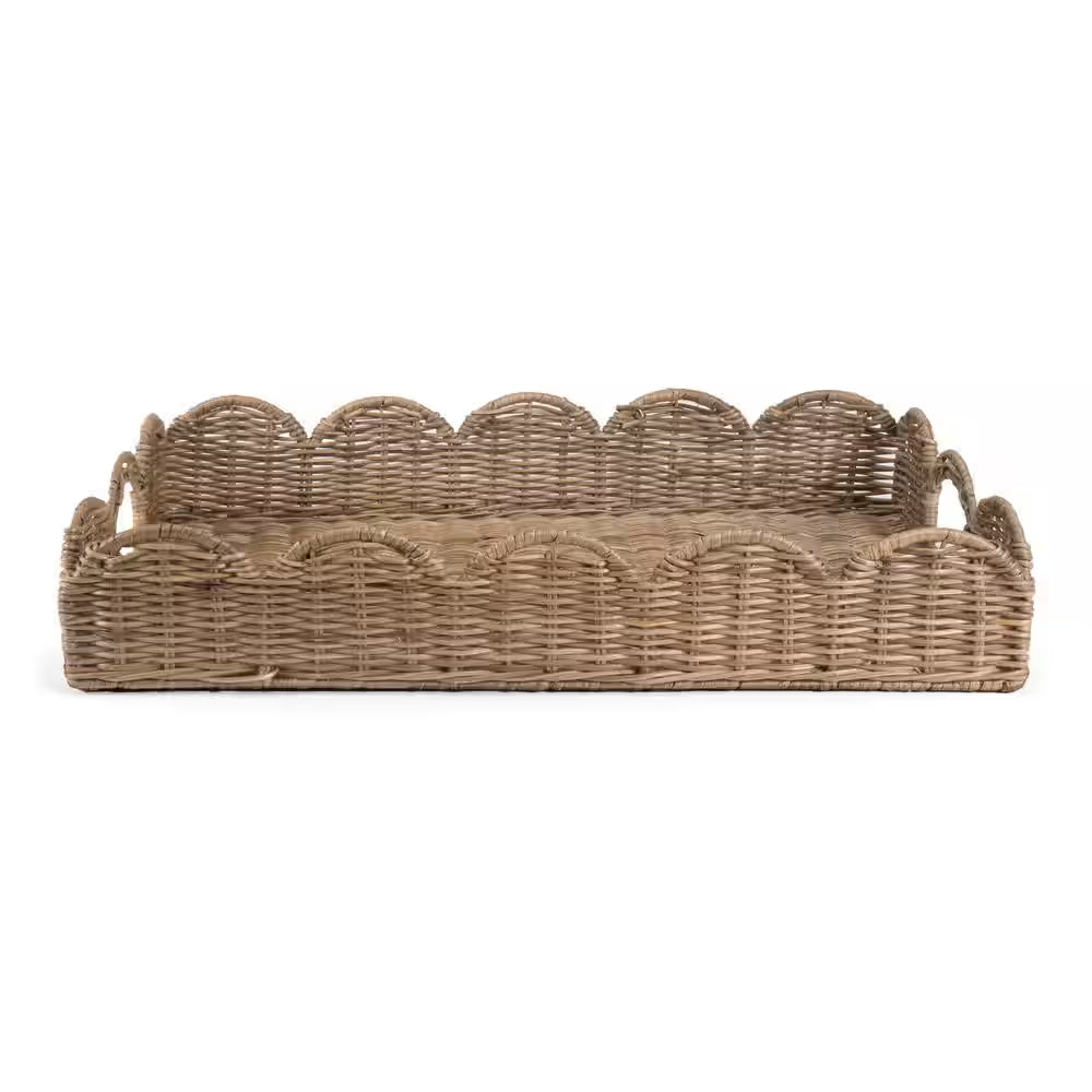 Scalloped 21.5 In. Southwestern Cottage Hand-Woven Rattan Tray with Handles, Natural