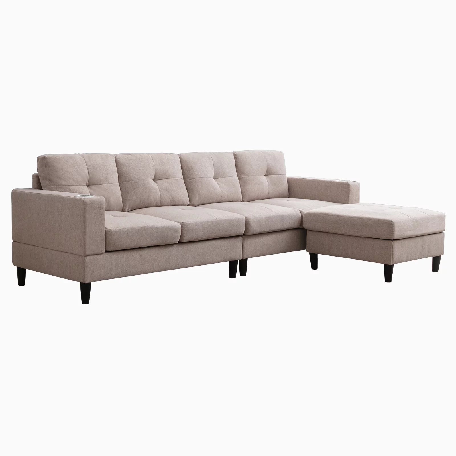 Reversible Sectional Sofa, 4 Seat L-Shape Sofa Couches for Living Room, Convertible Sectional Couch with Reversible Chaise, Modular Sectional Couch with 2 Cup Holders for Apartment, Beige