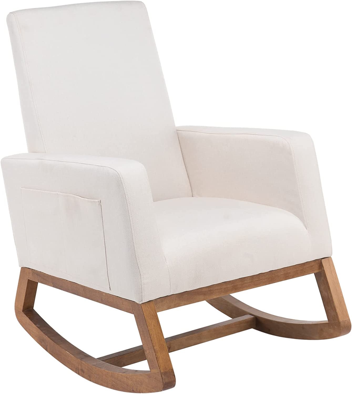 Mid Century Nursery Rocker Cream Rocking Chair for Bedroom, Nursery Chair Upholstered Nursery Rocking Chairs with Solid Wood Base/Storage Side Pocket