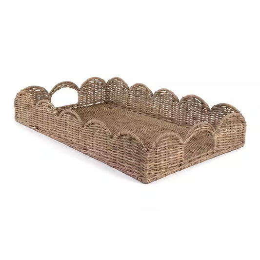 Scalloped 21.5 In. Southwestern Cottage Hand-Woven Rattan Tray with Handles, Natural