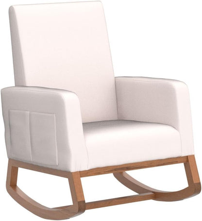 Mid Century Nursery Rocker Cream Rocking Chair for Bedroom, Nursery Chair Upholstered Nursery Rocking Chairs with Solid Wood Base/Storage Side Pocket