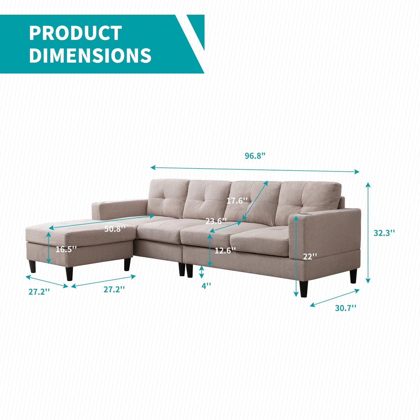 Reversible Sectional Sofa, 4 Seat L-Shape Sofa Couches for Living Room, Convertible Sectional Couch with Reversible Chaise, Modular Sectional Couch with 2 Cup Holders for Apartment, Beige