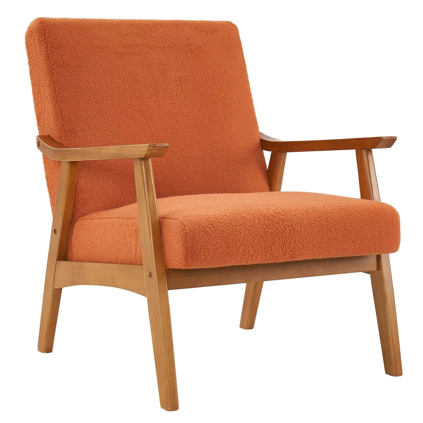 Mid-Century Modern Arm Chair with Solid Wood Frame,Teddy Velvet Fabric Club Chair,Orange