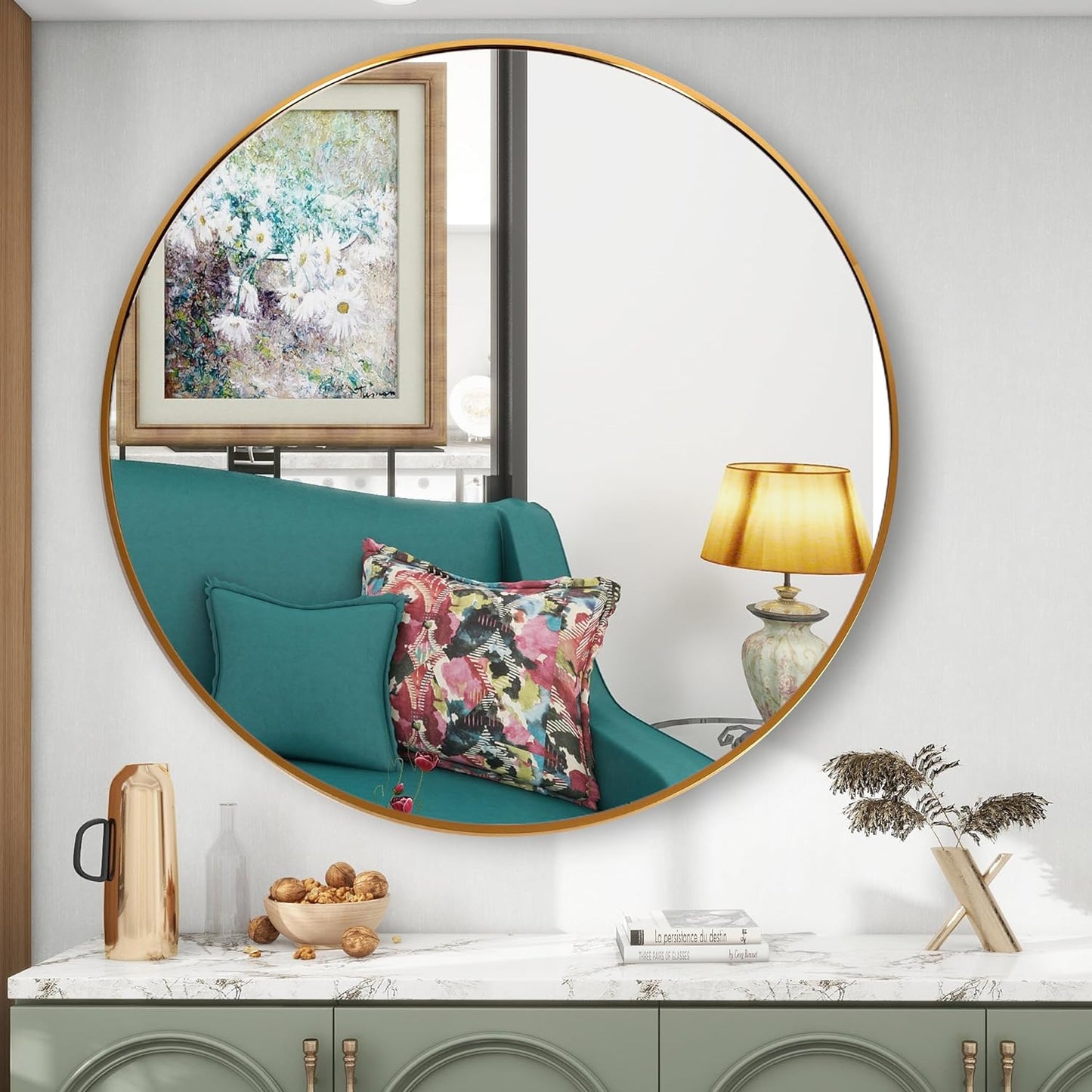 round Wall Mirror 19.6" Gold Metal Frame Circle Mirror Wall Mounted Mirror for Bathroom, Vanity, Living Room, Home Decor