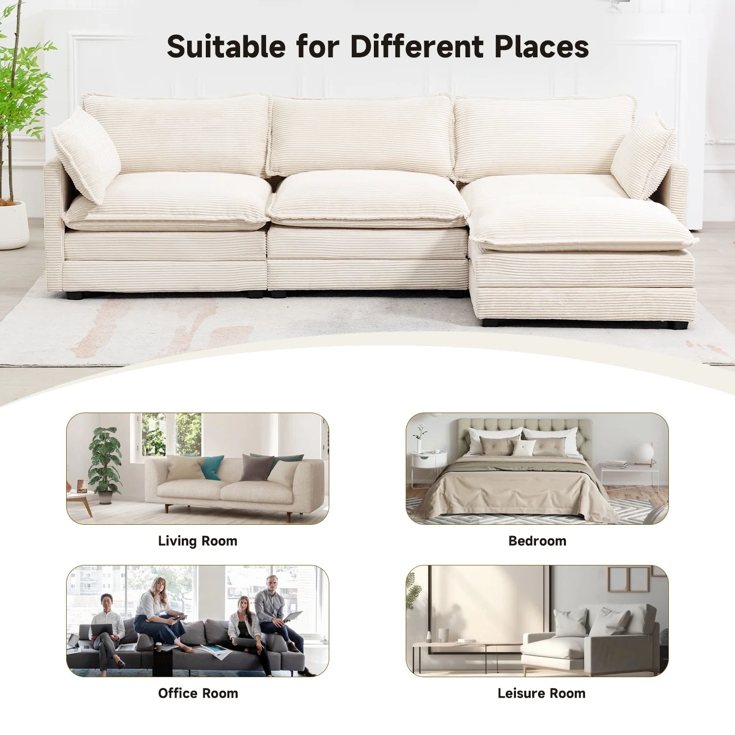 Sectional Sofa with Ottoman, Small L Shaped Free Combination Corduroy Couch Furniture Sets for Living Room, Navy