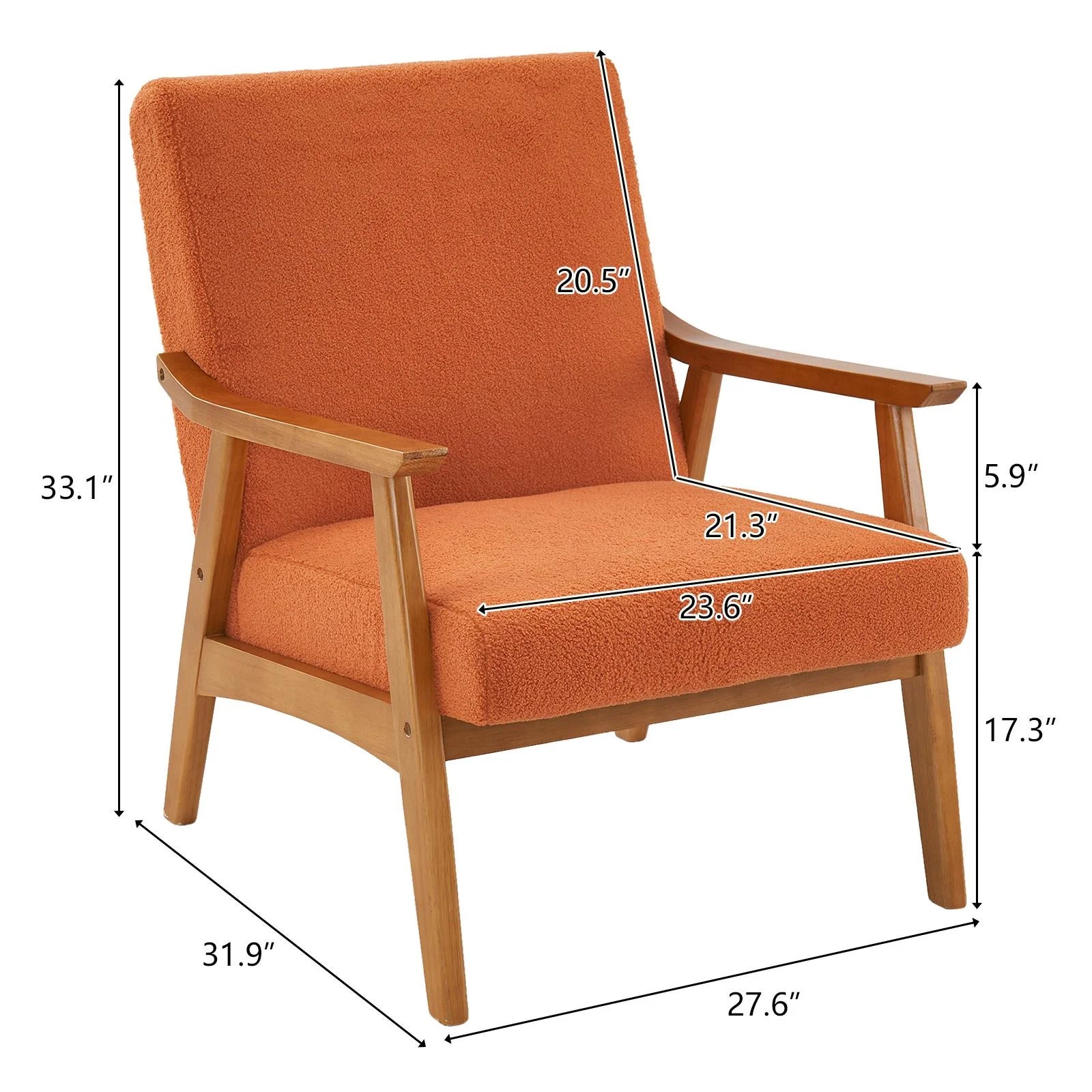 Mid-Century Modern Arm Chair with Solid Wood Frame,Teddy Velvet Fabric Club Chair,Orange