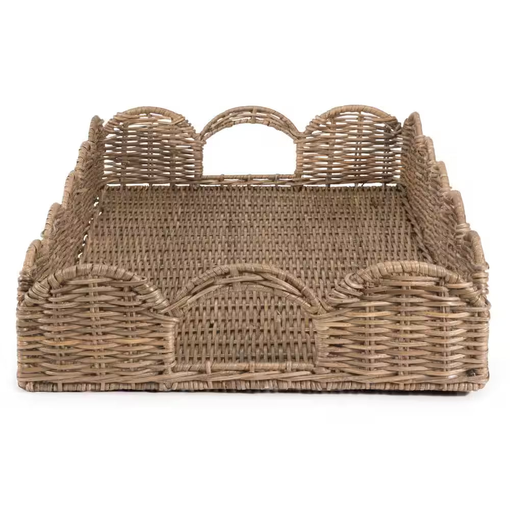 Scalloped 21.5 In. Southwestern Cottage Hand-Woven Rattan Tray with Handles, Natural