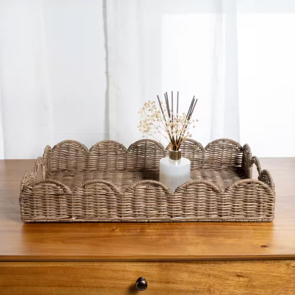 Scalloped 21.5 In. Southwestern Cottage Hand-Woven Rattan Tray with Handles, Natural