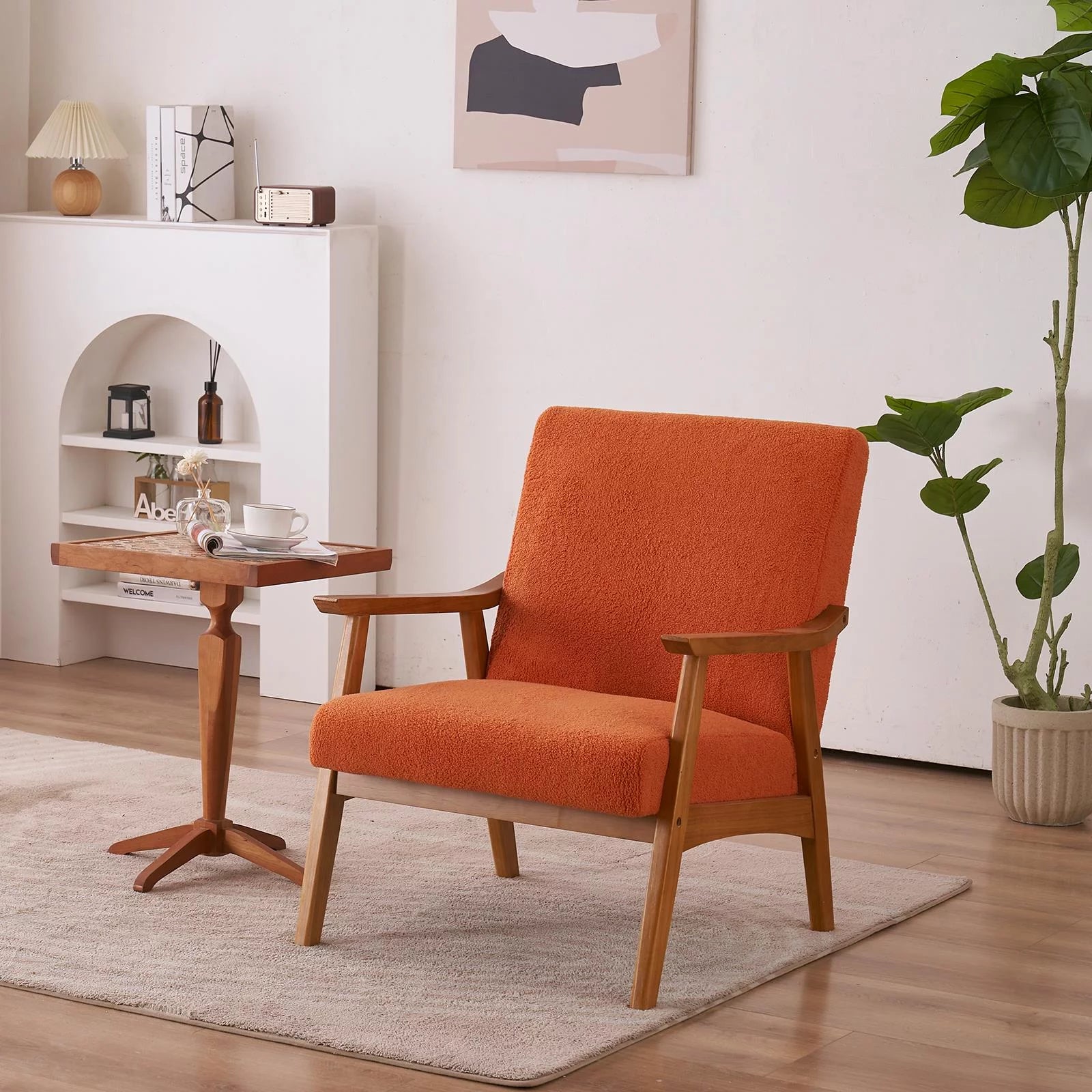 Mid-Century Modern Arm Chair with Solid Wood Frame,Teddy Velvet Fabric Club Chair,Orange