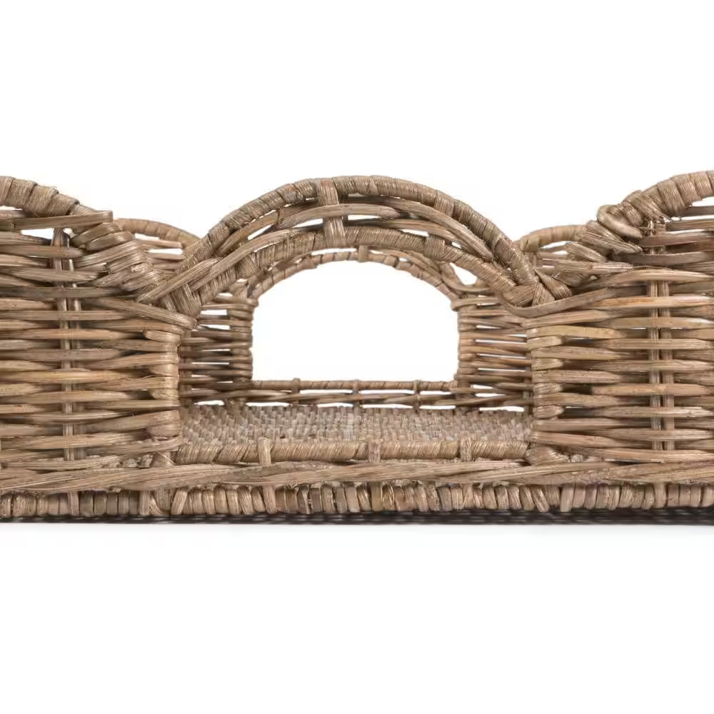 Scalloped 21.5 In. Southwestern Cottage Hand-Woven Rattan Tray with Handles, Natural