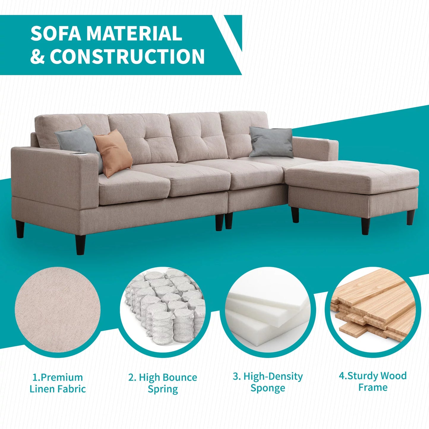 Reversible Sectional Sofa, 4 Seat L-Shape Sofa Couches for Living Room, Convertible Sectional Couch with Reversible Chaise, Modular Sectional Couch with 2 Cup Holders for Apartment, Beige