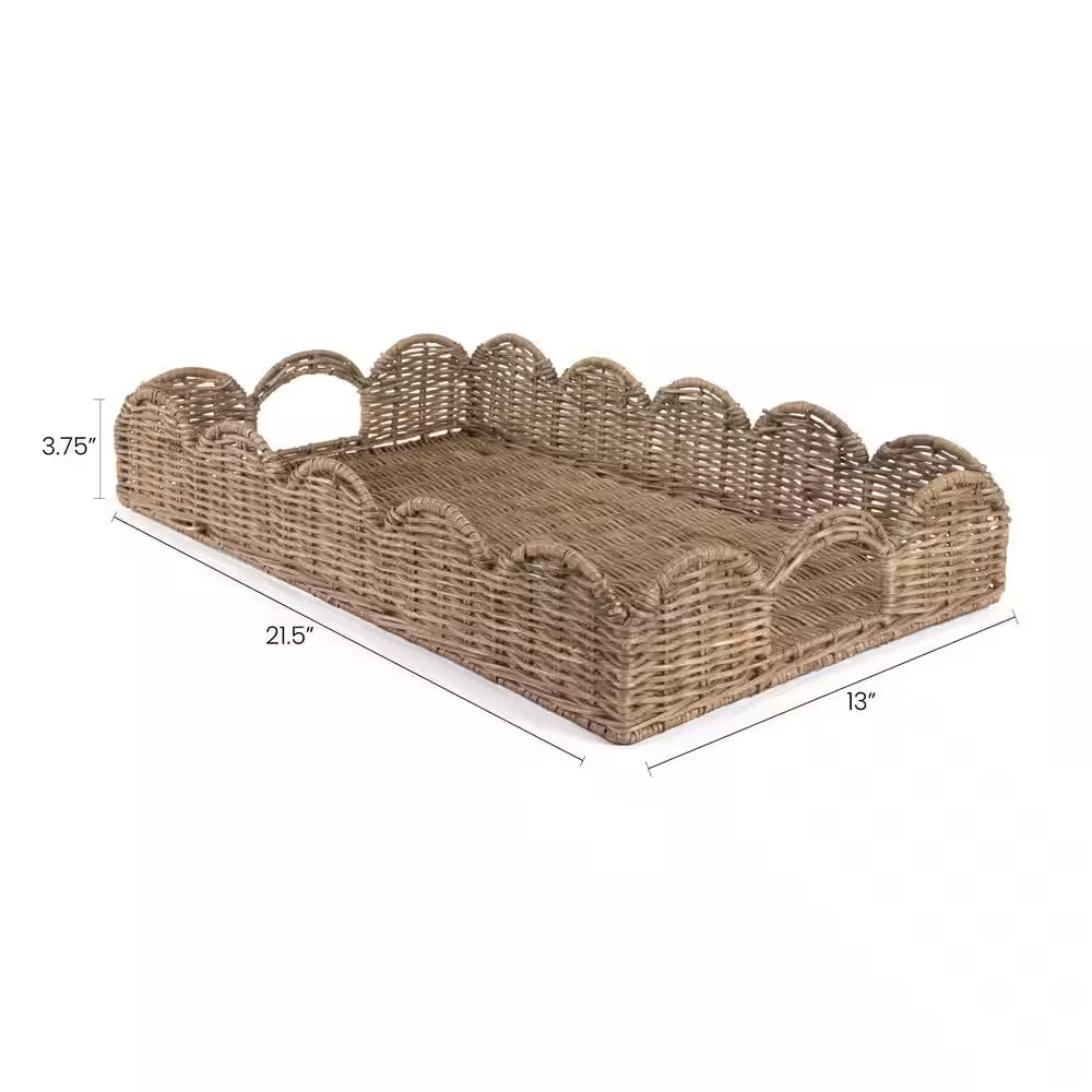 Scalloped 21.5 In. Southwestern Cottage Hand-Woven Rattan Tray with Handles, Natural