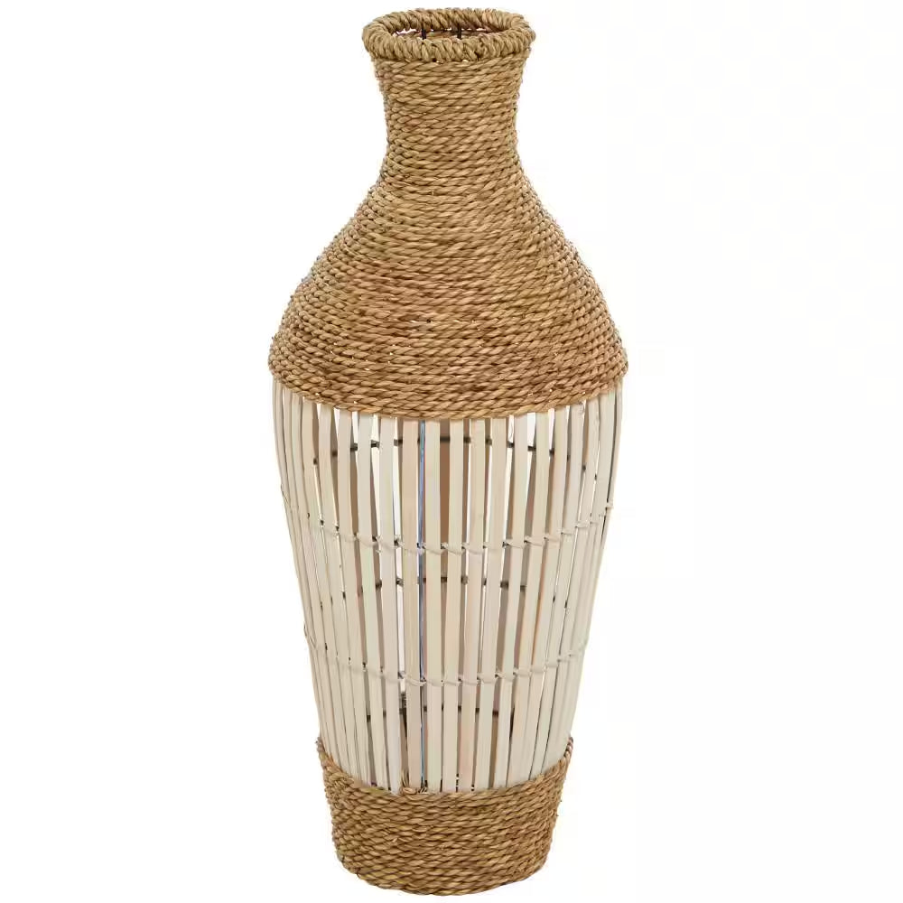 25 In. Brown Handmade Wrapped Tall Floor Seagrass Decorative Vase with Open Framed Cream Bamboo Center