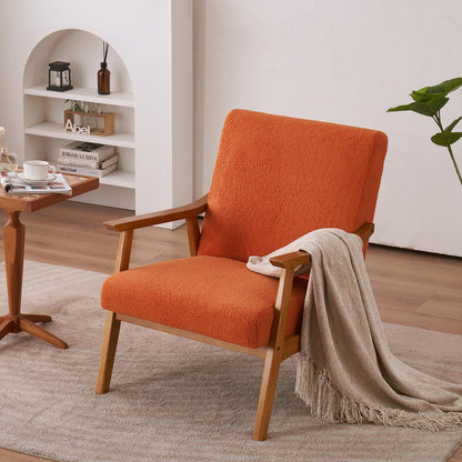 Mid-Century Modern Arm Chair with Solid Wood Frame,Teddy Velvet Fabric Club Chair,Orange