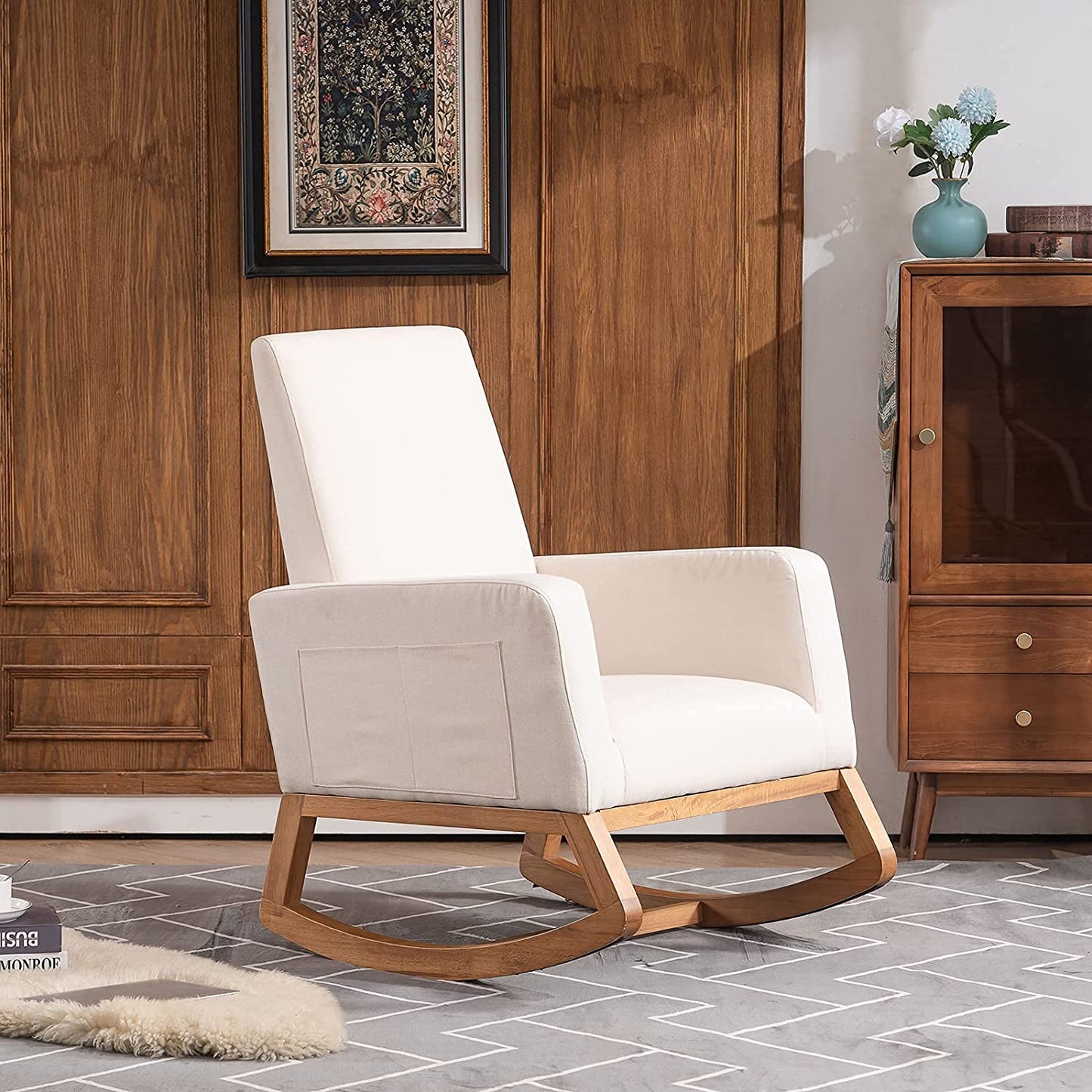 Mid Century Nursery Rocker Cream Rocking Chair for Bedroom, Nursery Chair Upholstered Nursery Rocking Chairs with Solid Wood Base/Storage Side Pocket