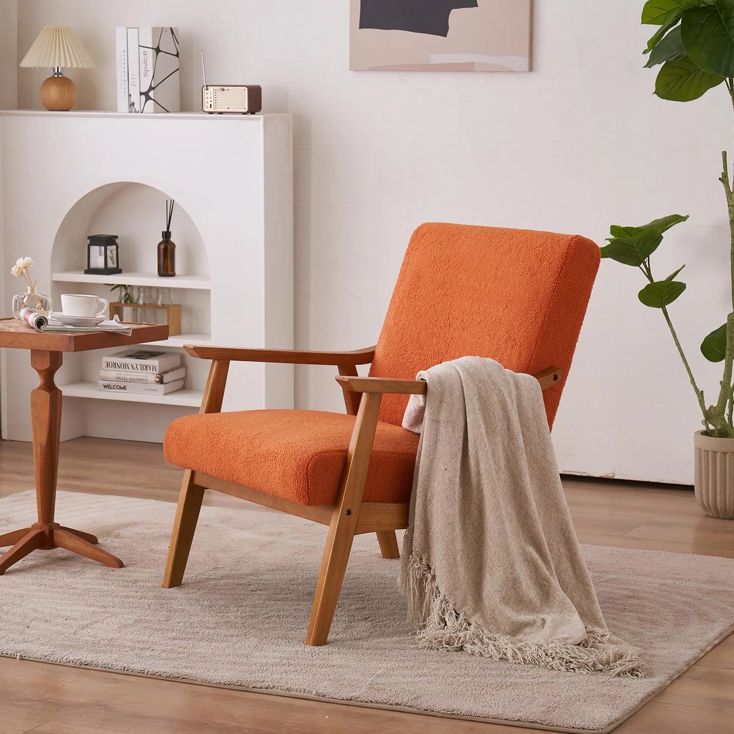 Mid-Century Modern Arm Chair with Solid Wood Frame,Teddy Velvet Fabric Club Chair,Orange