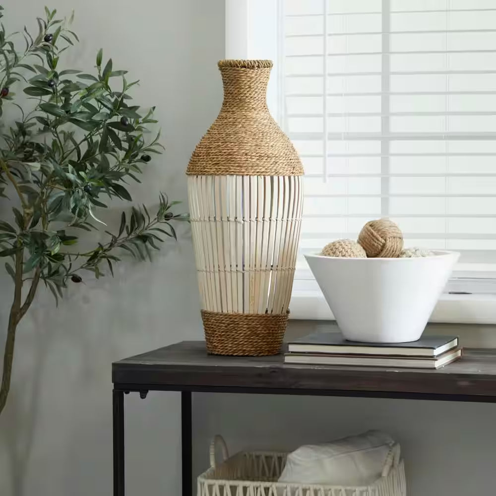 25 In. Brown Handmade Wrapped Tall Floor Seagrass Decorative Vase with Open Framed Cream Bamboo Center